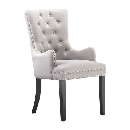 Chaise Capitonnée En Velours Gris Clair - Avec Accoudoirs - Style Classique & Design - Pieds En Bois - Salle À Manger, Salon Ou Coiffeuse