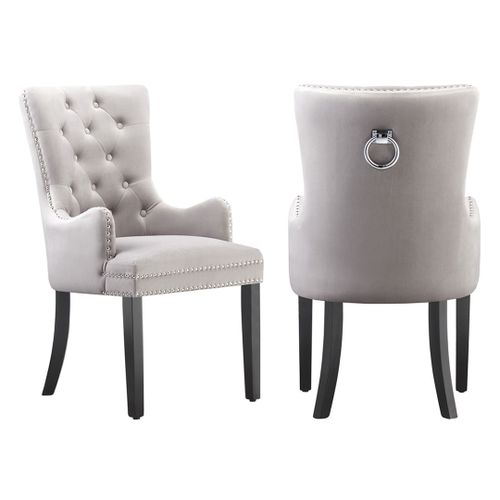 Lot De 2 Chaises Capitonnées En Velours Gris - Avec Accoudoirs - Style Classique & Design - Pieds En Bois - Salle À Manger, Salon Ou Coiffeuse