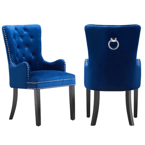 Lot De 2 Chaises Capitonnées En Velours Bleues - Avec Accoudoirs - Style Classique & Design - Pieds En Bois - Salle À Manger, Salon Ou Coiffeuse