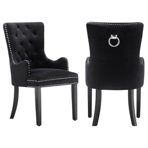 Lot De 2 Chaises Capitonnées En Velours Noires - Avec Accoudoirs - Style Classique & Design - Pieds En Bois - Salle À Manger, Salon Ou Coiffeuse