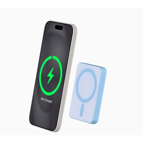 Force Power - Banque D'alimentation Sans Fil - Magnetique, Magsafe, Qi, Garantie À Vie - Lithium Ion / Lithium Polymère - 5000 Mah - 15 Watt - 3 A (24 Pin Usb-C) - Sur Le Câble : Usb-C - Bleu...