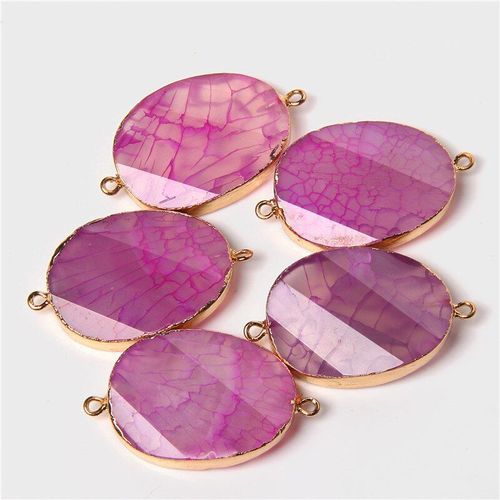 Pendentif En Pierre De Gemme 25x34mm, Breloques De Connecteur D'agate Craquelée De Rose, Accessoires De Bracelet Diy Pour La Fabrication De Bijoux À La Mode