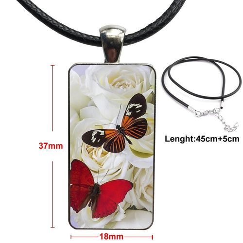 Collier En Verre Avec Pendentif Papillon Rouge Pour Femmes Et Garçons, Cadeau Pour Garçons, Rose Blanche, Fleur, Cabochon, Rectangle, À La Mode