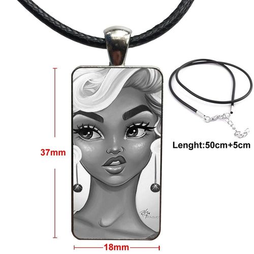 Collier Avec Cabochon En Verre Plaqué Acier, Long Pendentif Rectangulaire Pour Unisexe, Cadeau De Fête, Téléphone, Peau Noire, Pour Fille