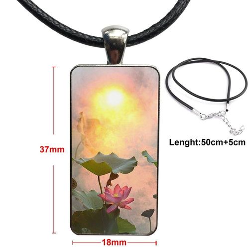 Pendentif Cabochon En Verre Pour Hommes Et Femmes, Collier Rectangle À La Mode, Charmant Lotus Et Rose Lumineux