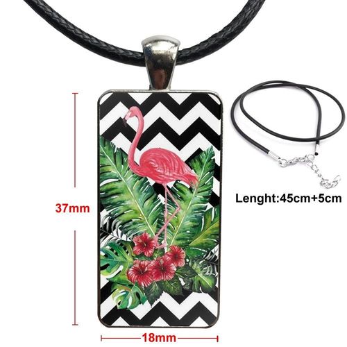 Collier Avec Pendentif Cabochon En Verre Pour Femmes Et Filles, Rectangle, À La Mode, Plantes Tropicales, Arbre, Fleur, Flamand Rose