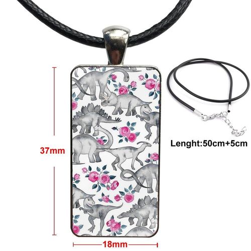 Collier De Fête Pour Hommes Et Femmes, Dinosaure Et Rose, Cabochon En Verre, Pendentif, Rectangle, À La Mode