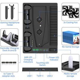 Support Vertical pour Sony PS5 Édition Standard et PS5 Digital Edition,  avec Ventilateur de Refroidissement, 2 Dock de Chargeur pour Manette PS5,  14 Stockage de Jeu et Support pour Casque