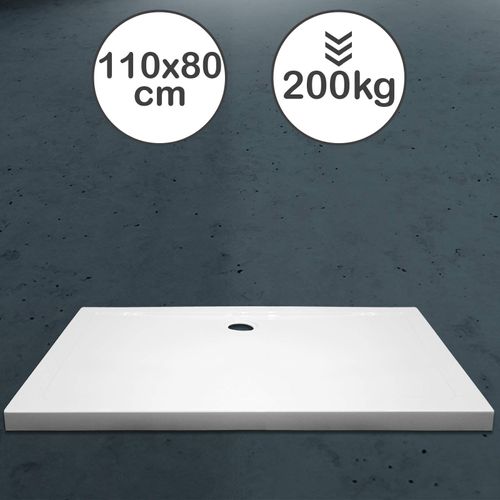 Aquamarin® Receveur de Douche - Forme Rectangulaire, 110 x 80 cm, Acrylique, Finition Blanche Brillante, Hauteur 4 cm - Bac à Douche