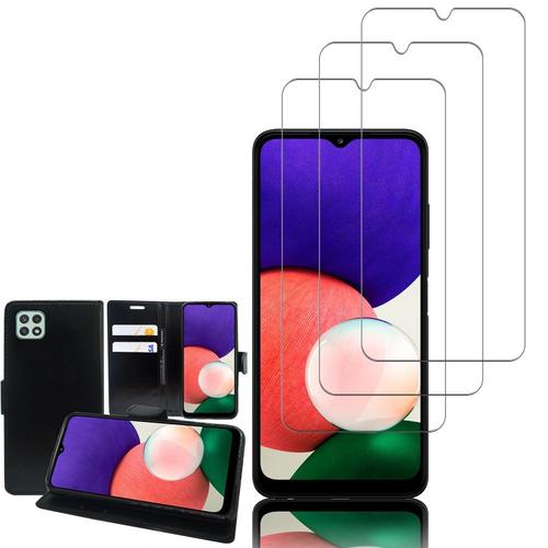 Etui Portefeuille Pour Samsung Galaxy A22 5g 6.6" Support Video Cuir Pu - Noir + 3 Films Verre Trempé - Transparent