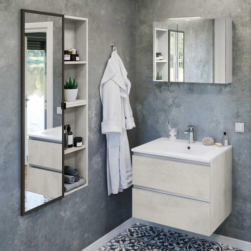 Ensemble Sdb 70 Cm Béton Blanc + Vasque + Armoire Miroir - Baden