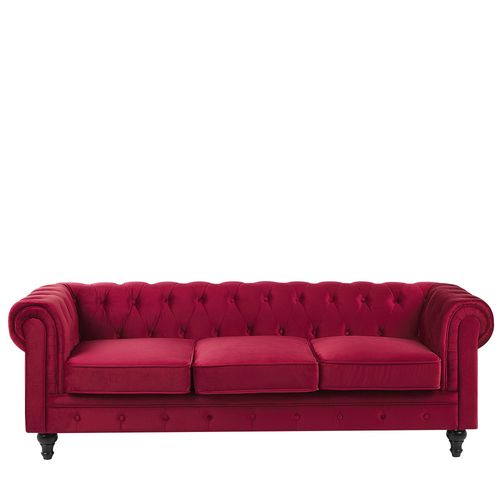 Canapé 3 Places En Velours Rouge Foncé Chesterfield