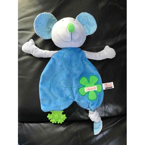 Doudou Plat Souris Bleu Pois Blanc Fleurs Verte