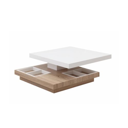 Table Basse Fausto Ii - Plateau Pivotant - Mdf Laqué Blanc & Chêne