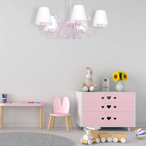 Lustre Sara Avec 5 Abat-Jour En Tissu, Blanc/Rose