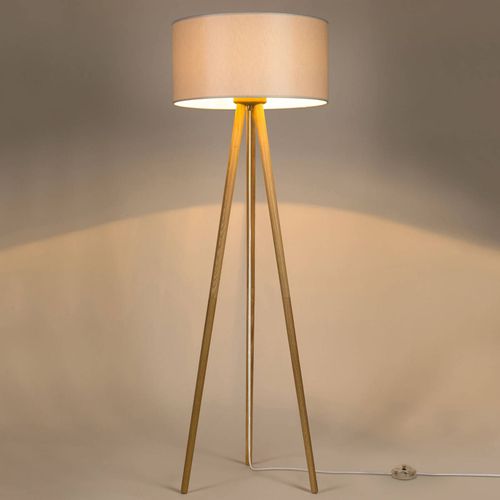 Lampadaire Corralee Trépied Bois, Tissu Gris