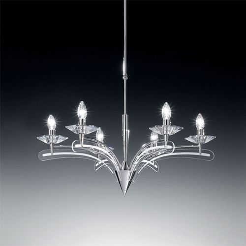 Lustre Icaro À 6 Lampes, Av. Verre Cristal, Chromé