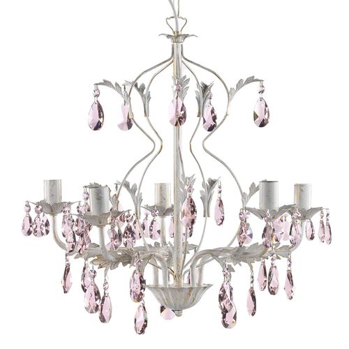 Lustre Kate, 5 Lampes Blanc, Cristaux Rosés