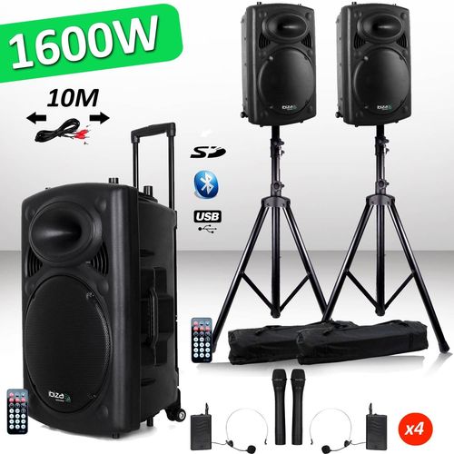 Système Actif Amplifié Batterie 1600W PORT15 VHF Sonorisation karaoké Musiciens DJ USB Bluetooth Mobile + Pieds