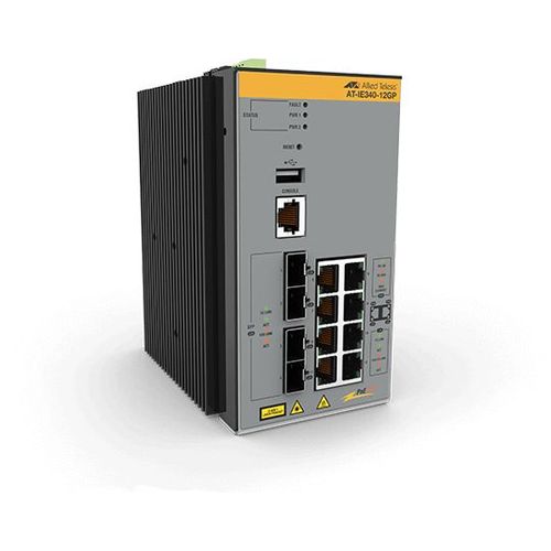 Allied Telesis AT IE340-12GP - Commutateur - C3 - Géré - 8 x 10/100/1000 (PoE+) + 4 x 1000Base-X SFP - Montage sur rail DIN, fixation murale - PoE+ (240 W) - alimentation CC