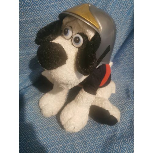 Doudou Peluche Chien Boul' Sapeurs Pompiers Assis Casque Plastique Blanc Bleu Marine Rouge Fondation Boulanger