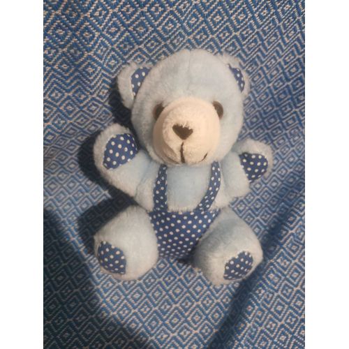 Doudou Peluche Ours Bleu Tissu Pois Blanc Salopette Vintage