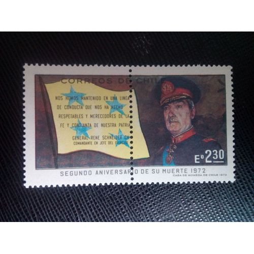 Timbre Chili Yt 395 Le Général Rene Schneider Et Le Drapeau De L'armée 1972 ( 071105 )