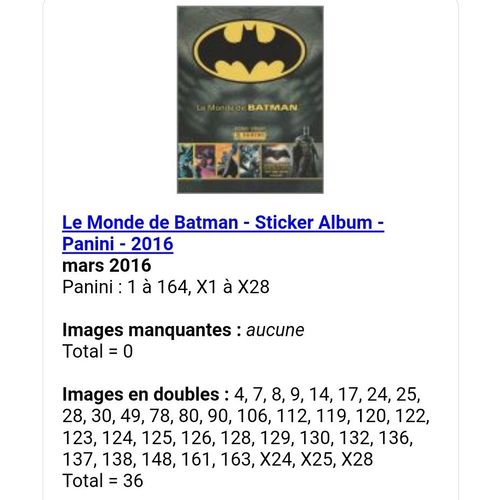 Le Monde De Batman - Sticker Album - Panini - 2016- Liste Des Images Pour Un Lot