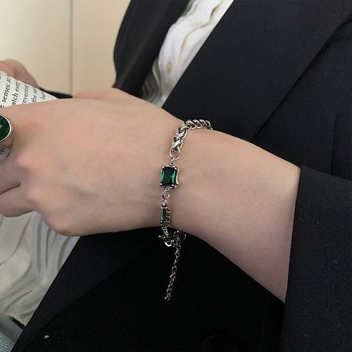 Bracelet En Argent Sterling 925 Pour Femme, Bijoux En Argent Sterling, Vert, Carré, Zircon Épais, Vintage, Thaïlandais, Fait À La Main