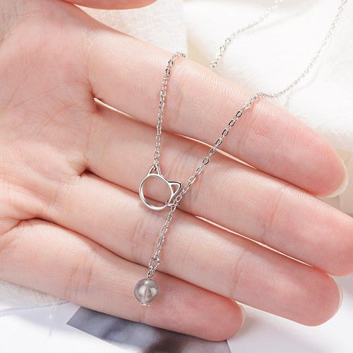 Colliers En Argent Sterling 925 Pour Femmes, Chaîne À Clavicule Avec Pompon En Pierre De Lune, Cristal Naturel, Fraise, Chat, S-N252