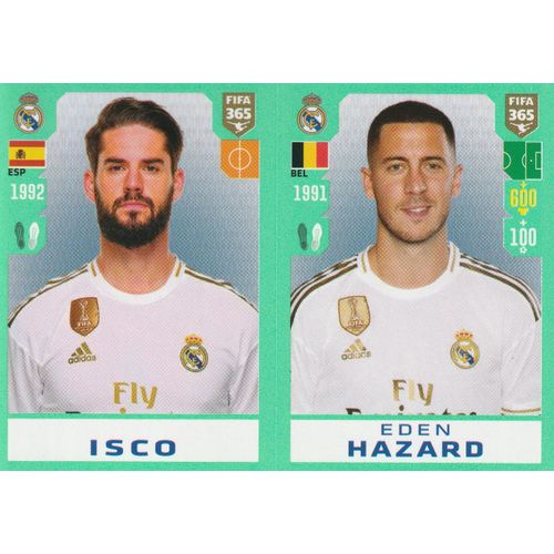 N° 114 A / 114 B - Stickers Image Vignette - Panini Fifa 365 - 2020 - The Golden World Of Football - Isco / Eden Hazard - Real Madrid