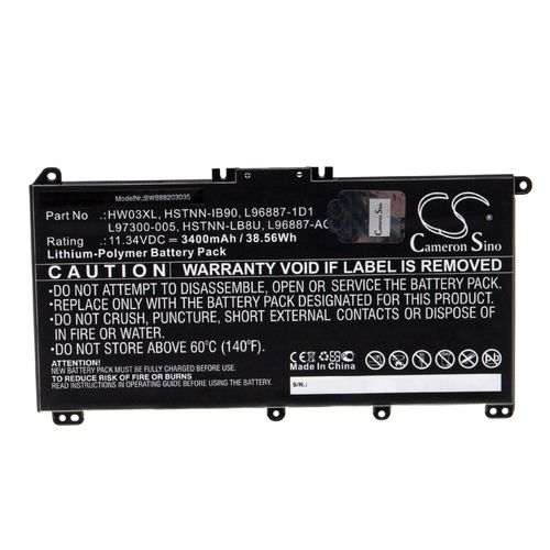 vhbw Batterie remplacement pour HP HW03XL, L96887-1D1, L96887-421, L96887-AC1 pour ordinateur portable Notebook (3400mAh, 11.34V, Li-polymère)