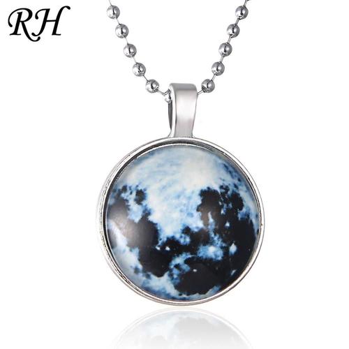 Collier Vintage Longue Lune Brille Dans Le Noir, Bijoux Pour Femmes, Cabochons, Pendentif Lunaire, Lumière Fluorescente