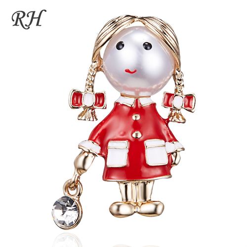 Petite Fille Mignonne Portant Une Robe Rouge, Broche En Perles, Strass, Émail, Élégante, Écharpe, Costume, Bijoux