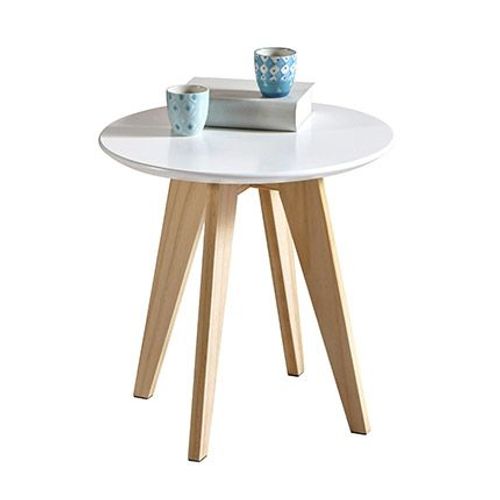 Table D'appoint Ronde 40 Cm Blanc Mat Et Pieds En Pin Naturel