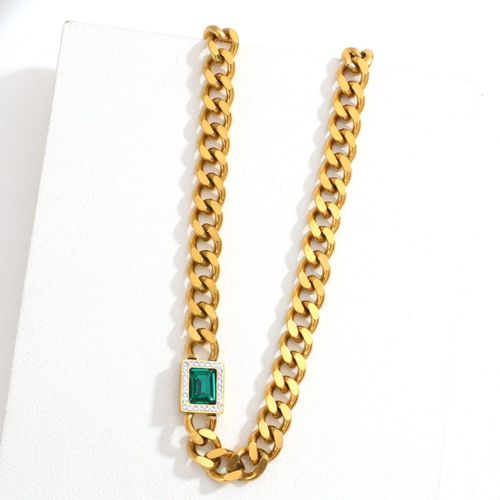 Collier En Acier Inoxydable Pour Femmes, Couleur Or, Vert, Cristal De Qualité Supérieure, Chaîne Cubaine Épaisse, Bijoux Minimalistes