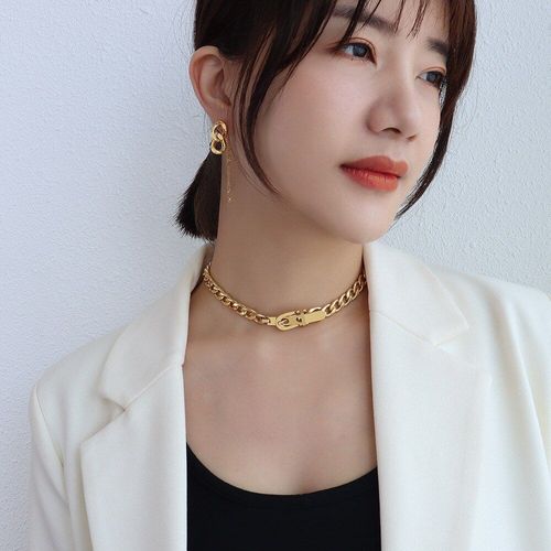 Collier De Ceinture Plaqué Or Véritable 18k Pour Femmes, Boucle De Chaîne Épaisse, Texture Hip Hop, Bijoux De Cou À La Mode