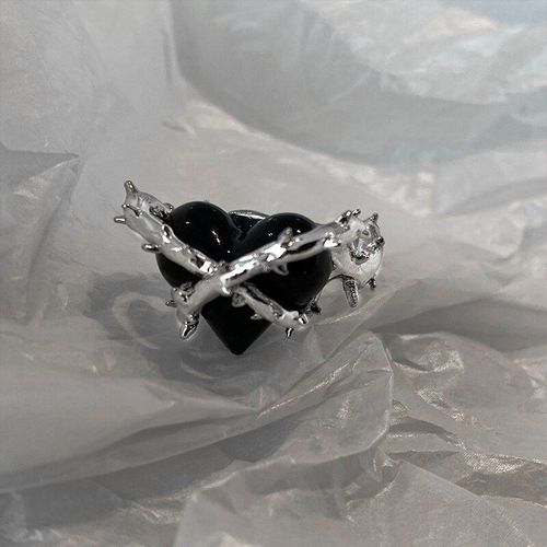 Bagues Punk Gothiques Pour Femmes, Couleur Noir Argent, C¿Ur En Métal Ouvert, Bijoux De Fête Réglables