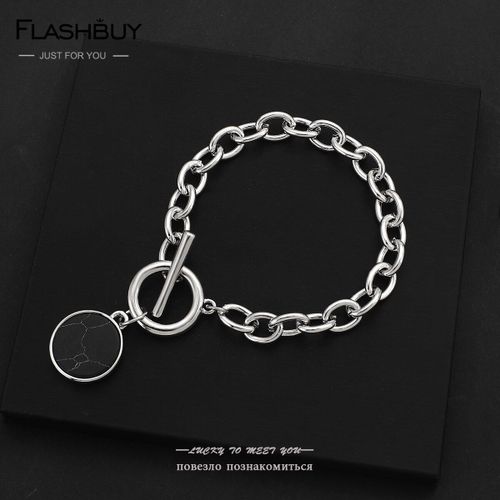 Bracelets Avec Pendentif Rond En Pierre Craquelée Pour Femme, Bijoux Vintage, Chaîne Épaisse, Couleur Argent, Noir, Punk, Nouvelle Mode, 2021