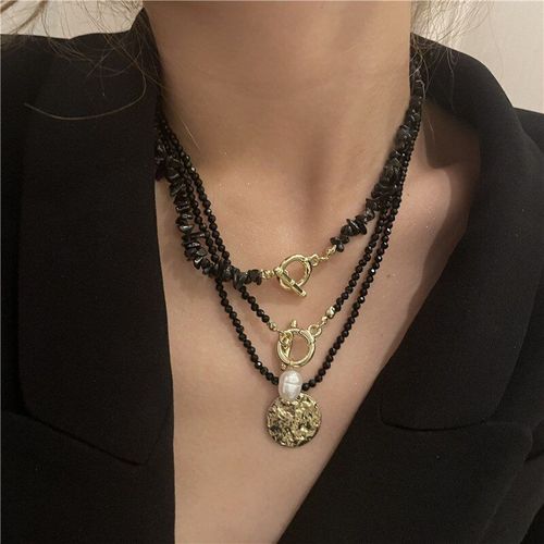 Colliers Ras Du Cou À Perles Pour Femmes, Vintage, Chic, Noir, Irrégulier, Pierre Naturelle, Chaîne Multicouche, Bijoux De Cou