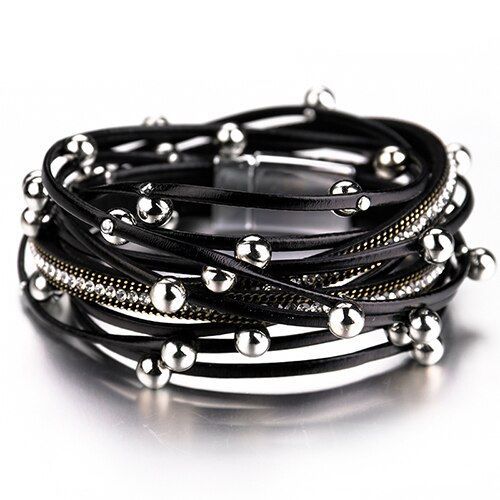 Bracelets En Cuir Pour Femmes, Alliage De Perles, Strass, Chaîne Métallique, Multicouches, Accessoires Bijoux À La Mode