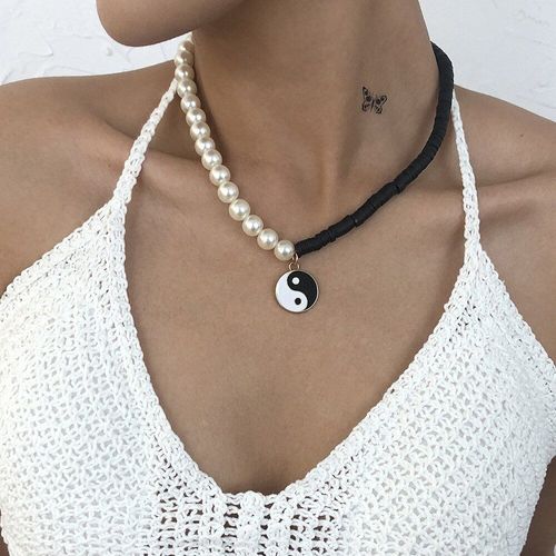 Collier Chaîne En Perles D'imitation Pour Femmes, Pendentif En Forme De Tai Chi Feng Shui Chinois, Bijou Cadeau Pour Adolescent