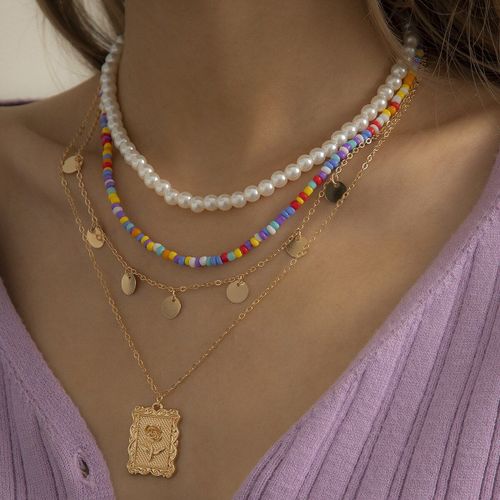 Collier Bohème Ethnique Multicouche Coloré, Imitation Perle De Riz, Pendentif En Relief, Ras Du Cou, Bijoux Tendance, 4 Pièces