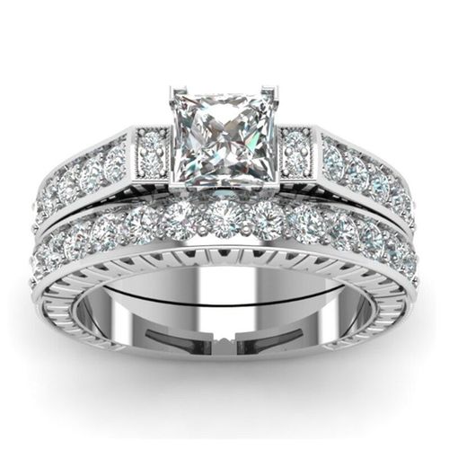 Ensemble De Bagues De Fiançailles Et De Mariage, Bijoux Exquis Pour Femmes, Couleur Argent, Cristal Blanc, Taille De Princesse 1.8 Carat