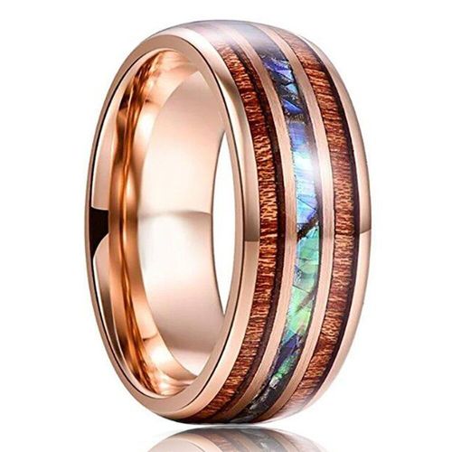 Bague En Acier Inoxydable Pour Hommes, 8mm, Bois De Koa, Bois De Cerf, Incrustation Argent Poli, Bijou De Bracelet De Mariage Pour Hommes, Cadeau