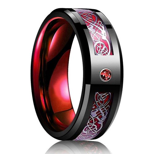 Bague De Mariage En Acier Et Titane Pour Hommes Et Femmes, Anneau En Fiber De Carbone, 8mm, Incrustation En Zircone Aaa, Punk Celtic Dragon, Bleu, Rouge