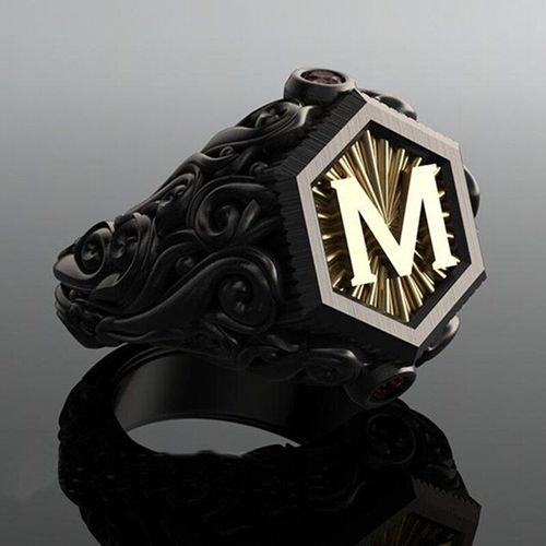 Bague En Métal Noir Pour Hommes, Vintage, Cool, Lettre M, Gothique, Punk, Incrustation, Rouge, Cz, Bague De Cocktail, Bijoux De Motard