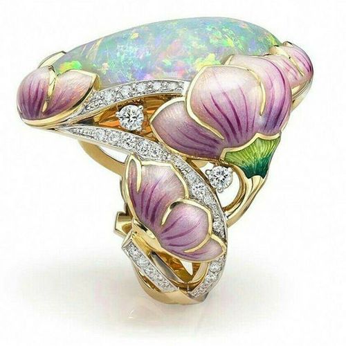 Bague Tendance En Fleur De Lotus Pour Femmes, Grande Opale, Strass, À La Mode, Cadeau D'anniversaire De Mariage, De Fête