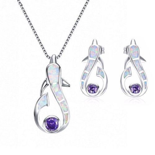 Collier Et Boucles D'oreilles En Forme De Dauphin De Mer, Ensemble De Bijoux Tendance, Animal, Opale Bleue, Cadeau De Mariage Pour Filles Et Femmes