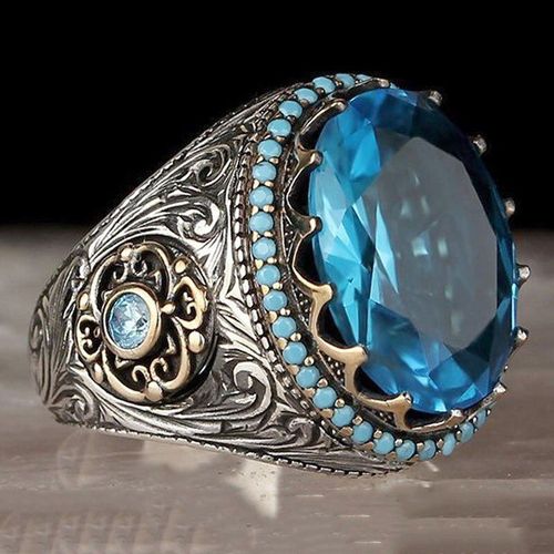 Bague Signet Turque Rétro Pour Hommes Et Femmes, Anneau Sculpté De Couleur Argent Antique Incrusté De Zircon Bleu, Anneau De Motard Punk De Fête